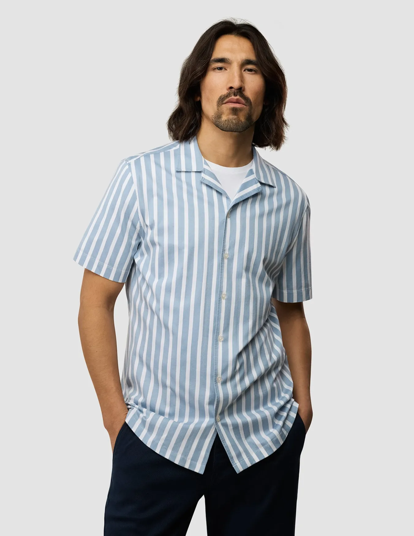 Bowling Short Sleeve Shirt Bold Stripes Light Blue
