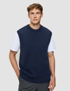 Chunky Soft Wool Knit Vest Dark Navy Melange