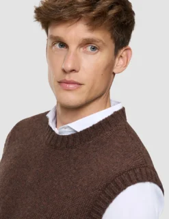 Chunky Soft Wool Knit Vest Saddle Brown Melange