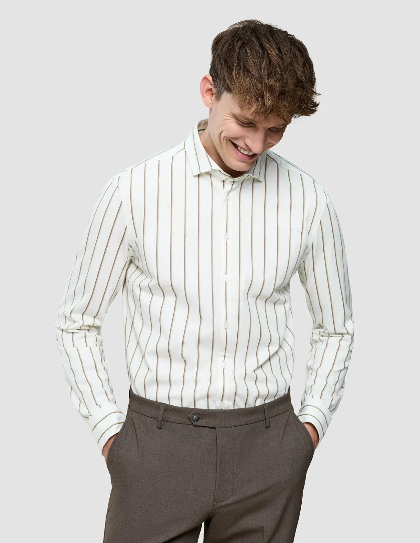 Classic Shirt Sand Herringbone Stripes Slim