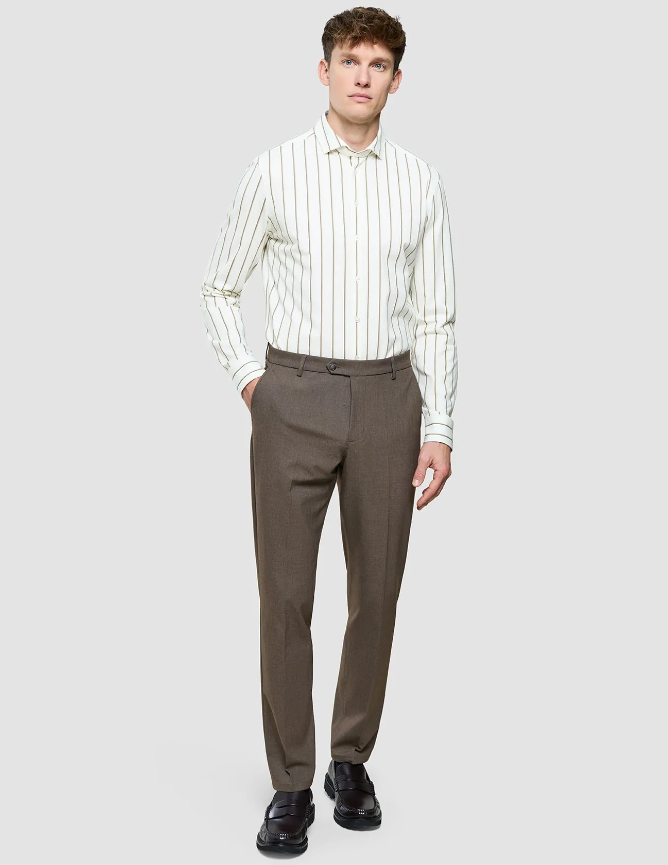 Classic Shirt Sand Herringbone Stripes Slim