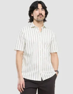 Classic Short Sleeve Shirt Sand Herringbone Stripes