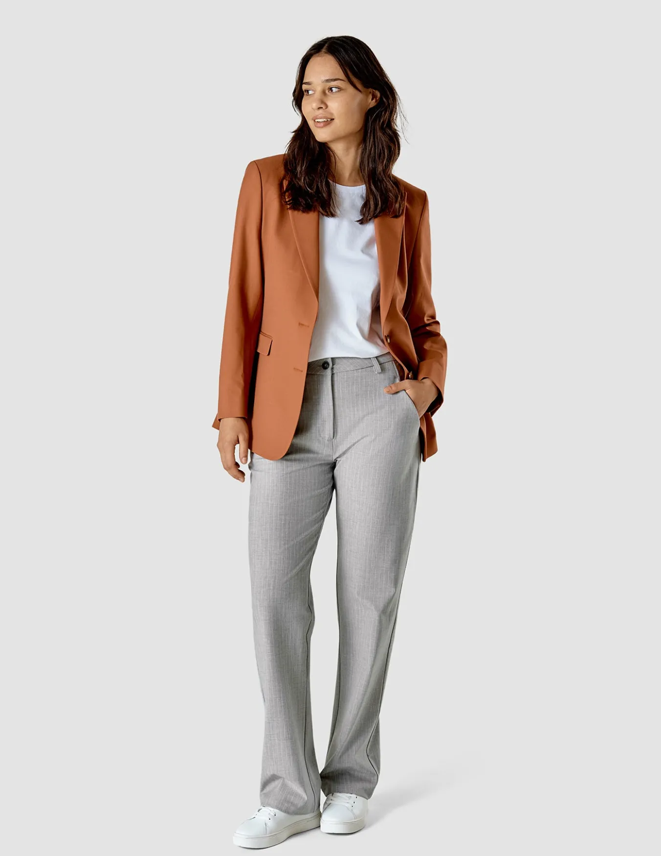 Essential Pants Straight Light Grey Pinstriped
