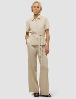 Linen Set Sandy Beige Short Sleeved Shirt & Relaxed Pants