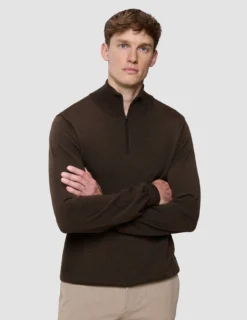 Seamless Premium Merino Knit Half Zip Saddle Brown