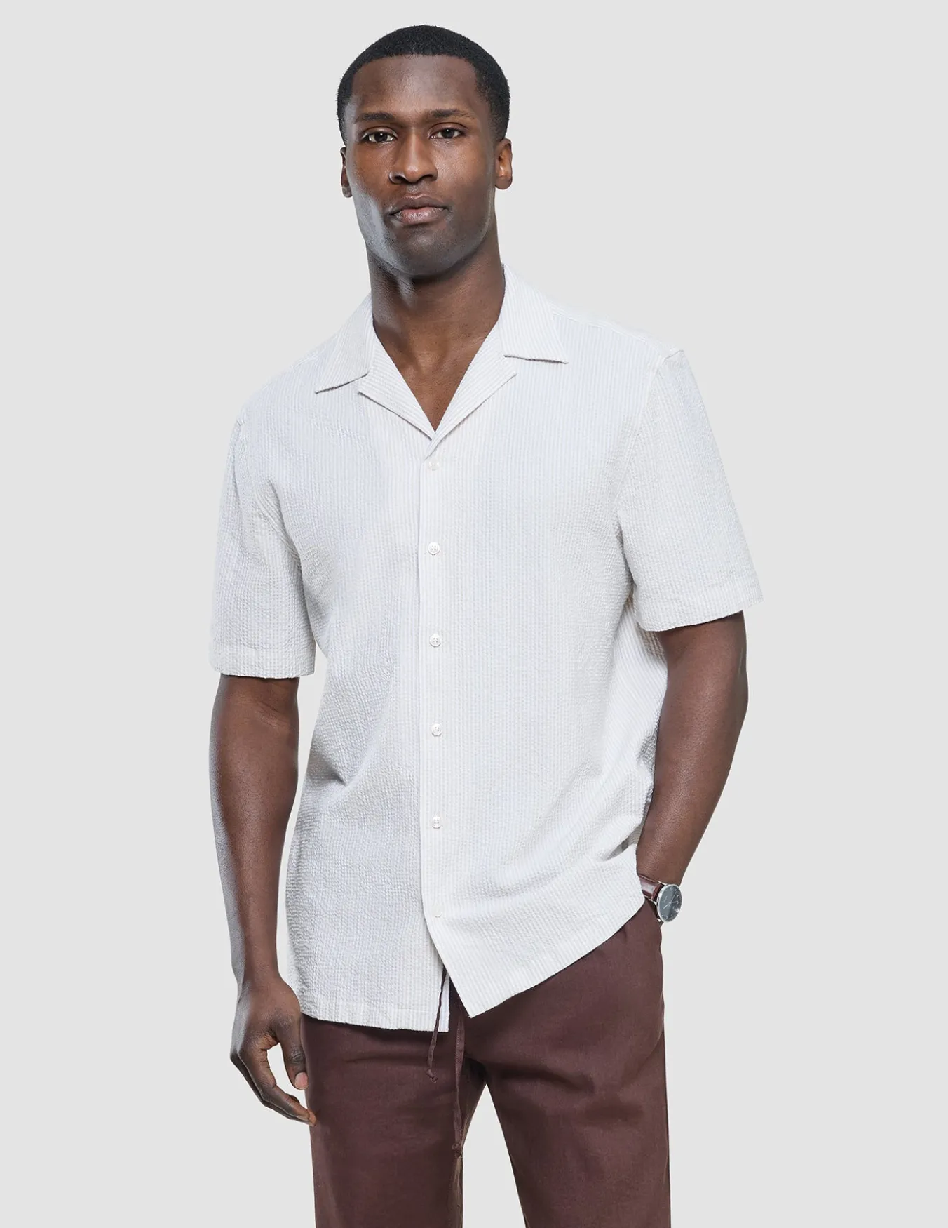 Seersucker Short Sleeve Shirt Cream Stripes