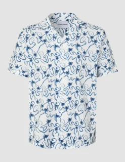 Seersucker Short Sleeve Shirt Navy Palms