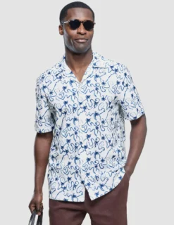 Seersucker Short Sleeve Shirt Navy Palms