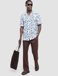 Seersucker Short Sleeve Shirt Navy Palms