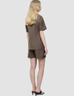 skye set dark chestnut melange short sleeved blazer shorts