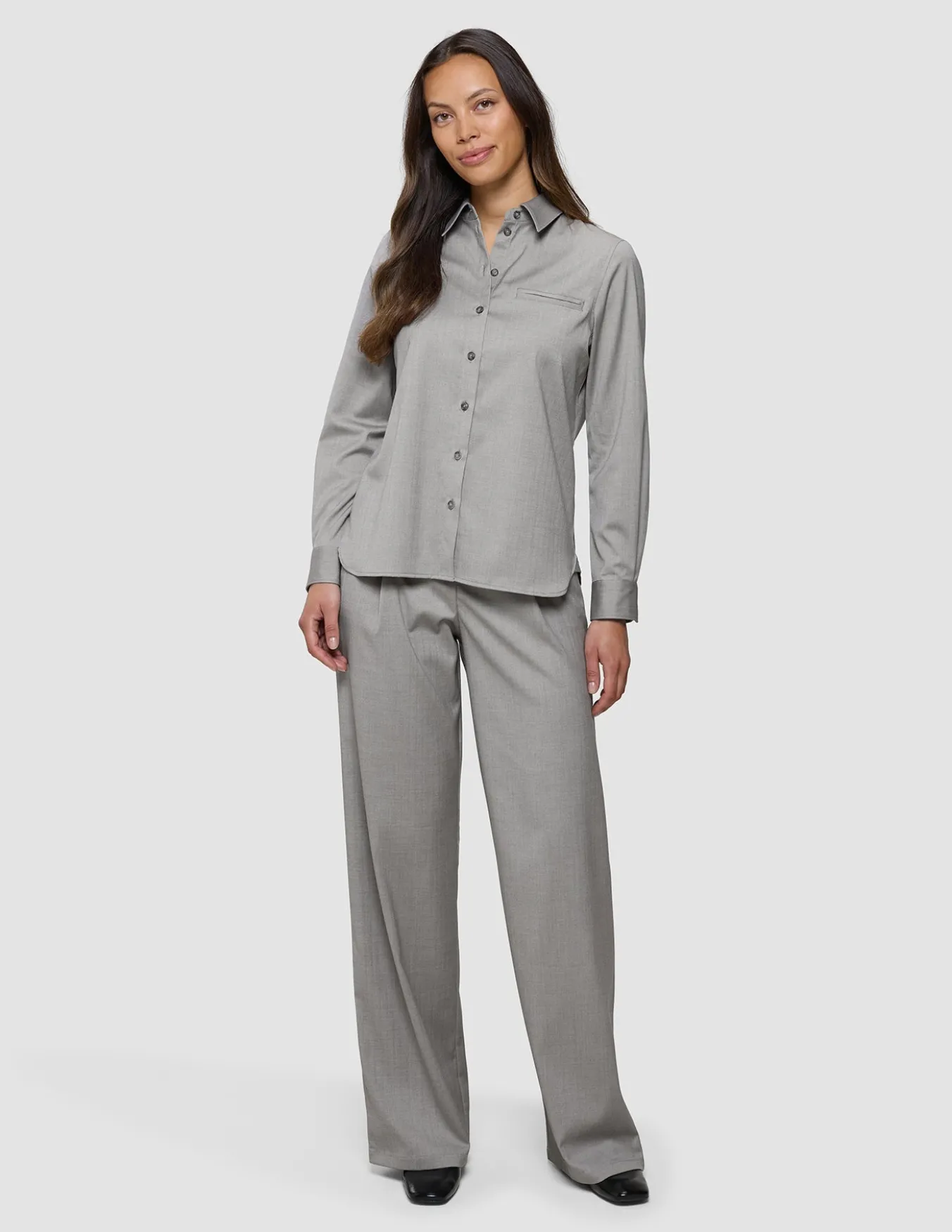 Skye Set Mellow Beige Herringbone Shirt & Wide Pants