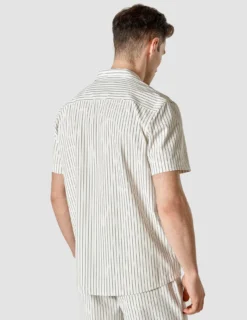Tech Linen Bowling Short Sleeve Shirt Navy Pinstripe