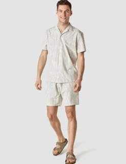 Tech Linen Bowling Short Sleeve Shirt Navy Pinstripe