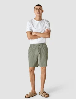 Tech Linen Elastic Shorts Green Pinstripe