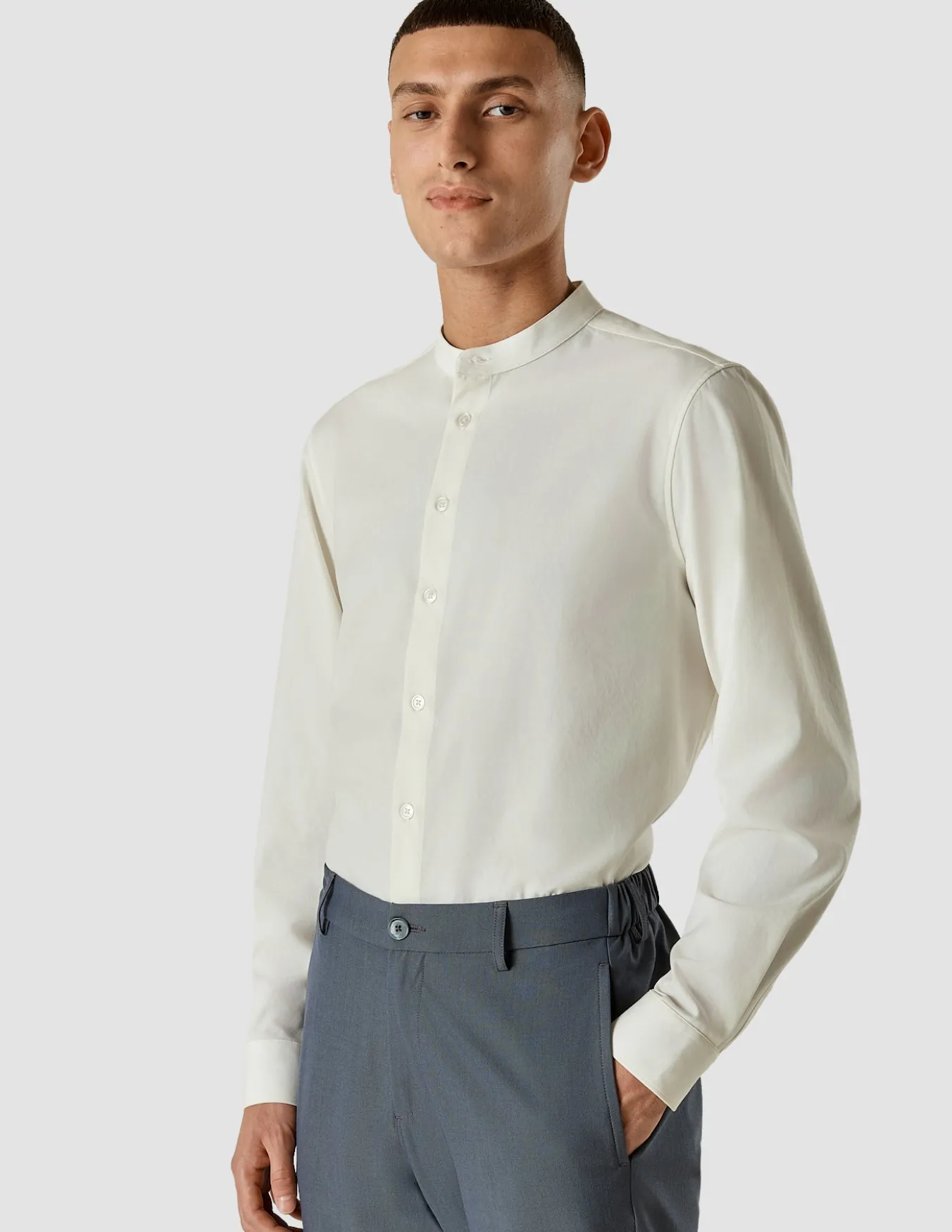 Tech Linen Mandarin Long Sleeve Shirt White