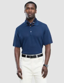 Textured Knitted Short Sleeve Polo Shirt Navy