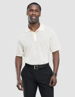 Textured Knitted Short Sleeve Polo Shirt Buttercream
