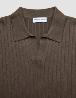 V-Neck Knit Short Sleeve Polo Dark Brown