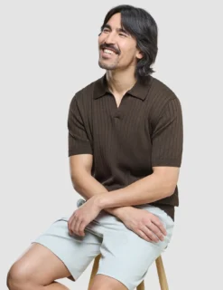 V-Neck Knit Short Sleeve Polo Dark Brown