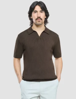 V-Neck Knit Short Sleeve Polo Dark Brown