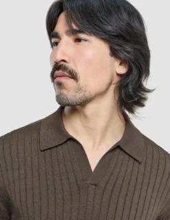 V-Neck Knit Short Sleeve Polo Dark Brown