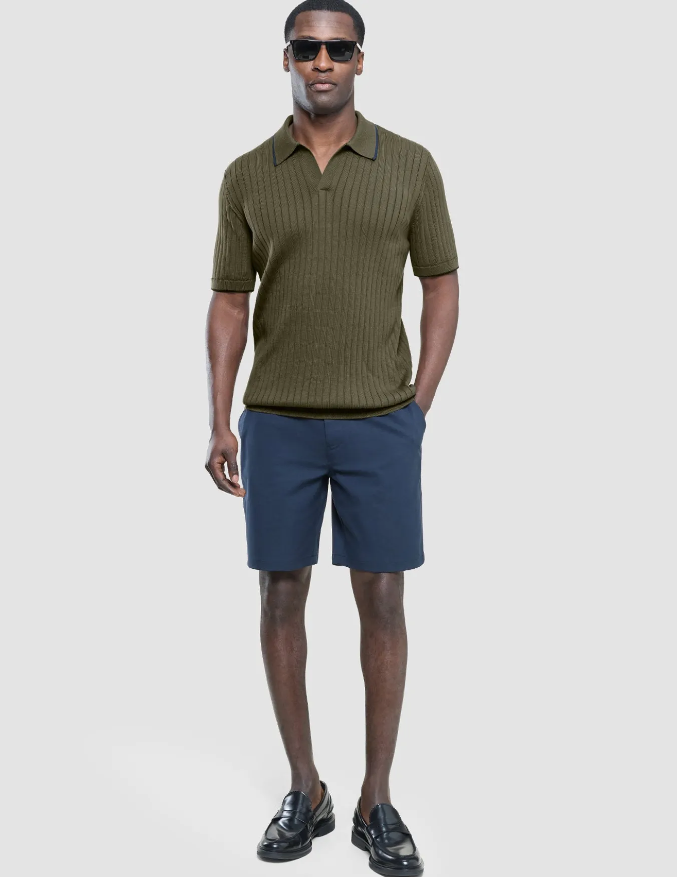 V-Neck Knit Short Sleeve Polo Green Night