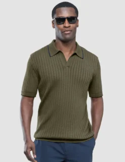 V-Neck Knit Short Sleeve Polo Green Night