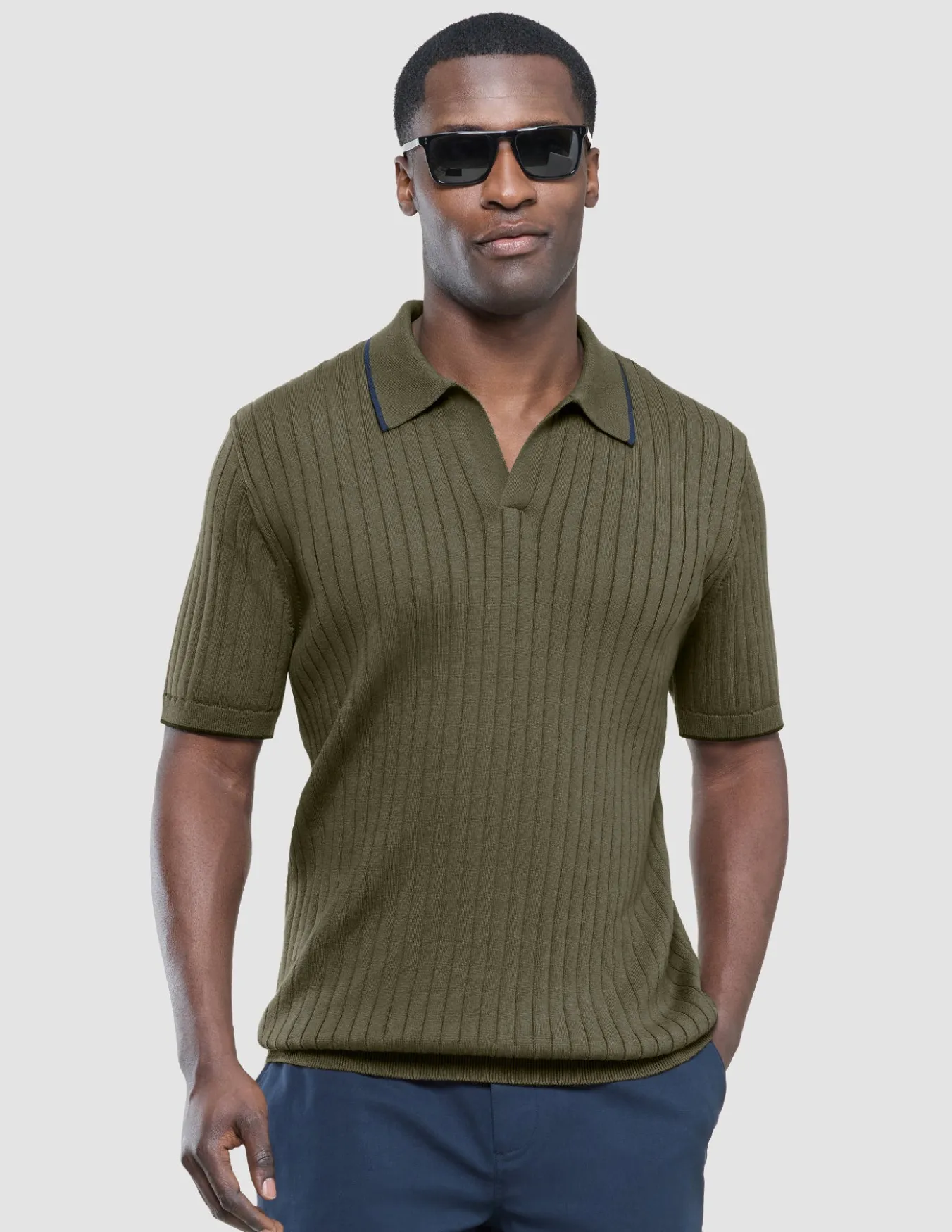 V-Neck Knit Short Sleeve Polo Green Night