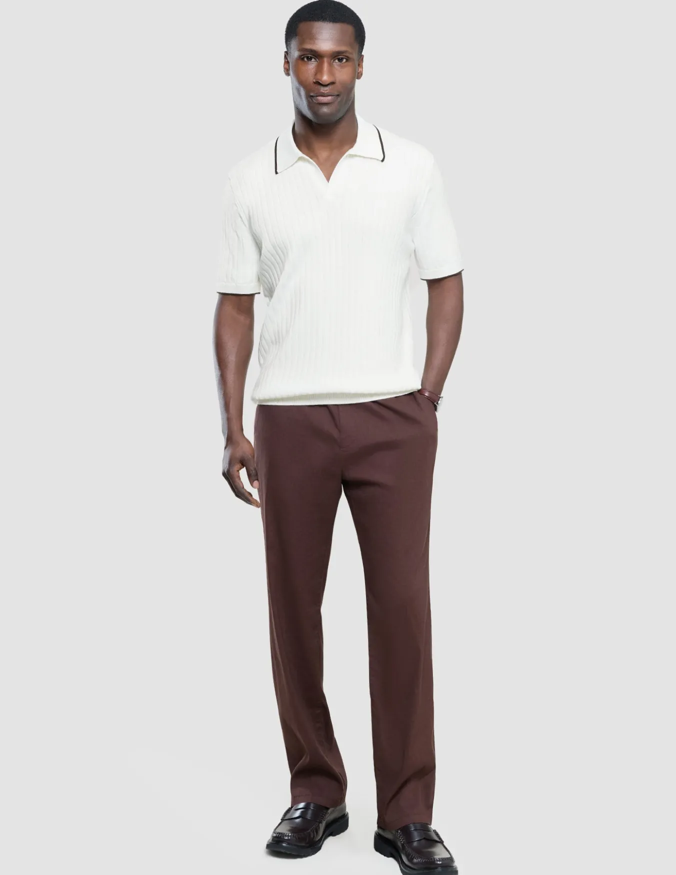 V-Neck Knit Short Sleeve Polo White