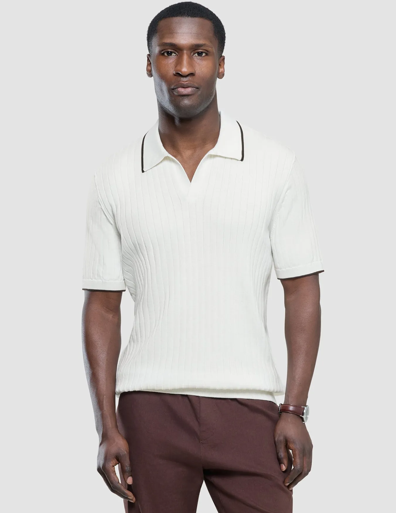 V-Neck Knit Short Sleeve Polo White