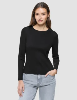 Women Rib T-Shirt Long Sleeve Black