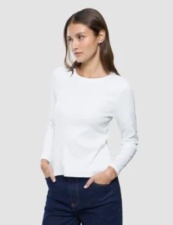 Women Rib T-Shirt Long Sleeve White