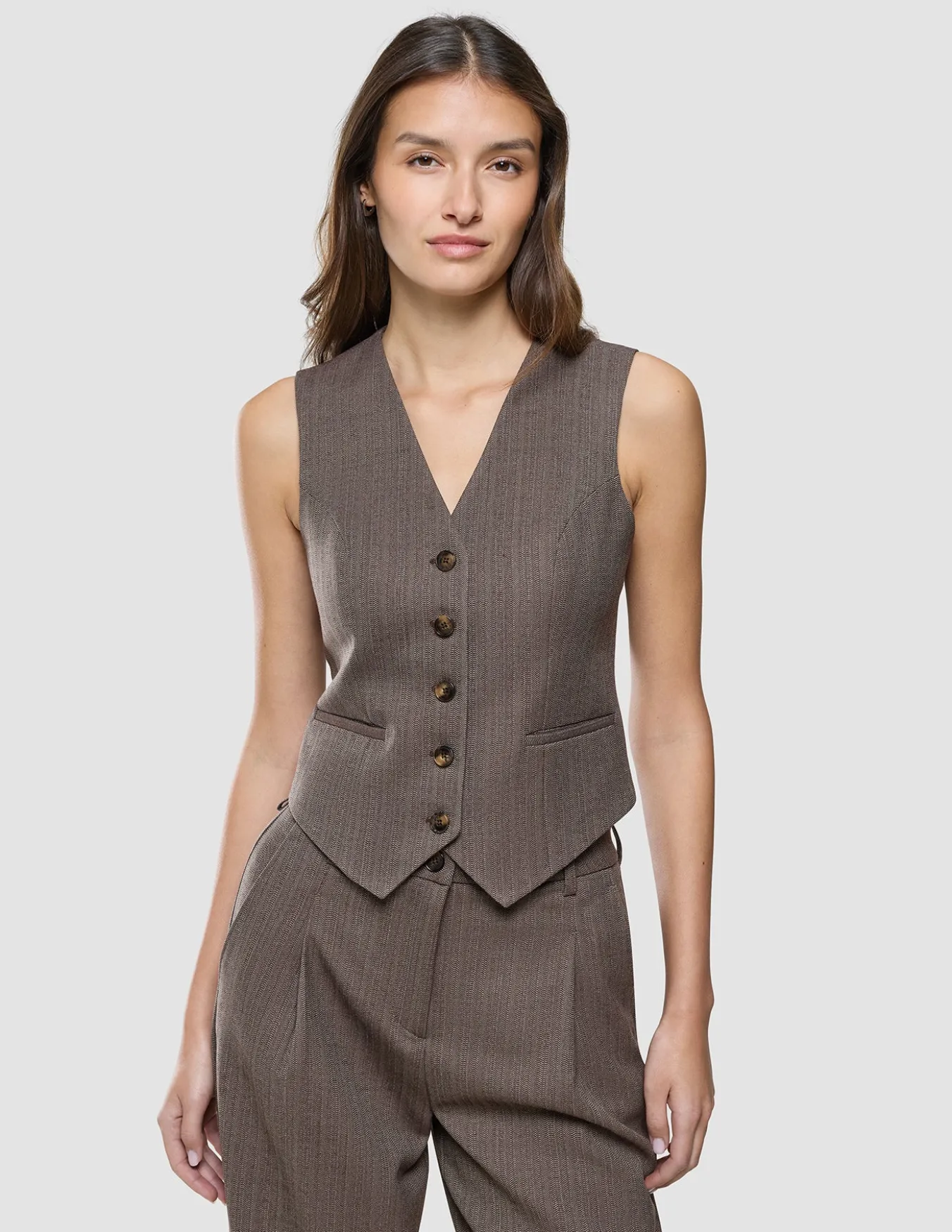 Women Serene Short Vest Brown Stone Herringbone