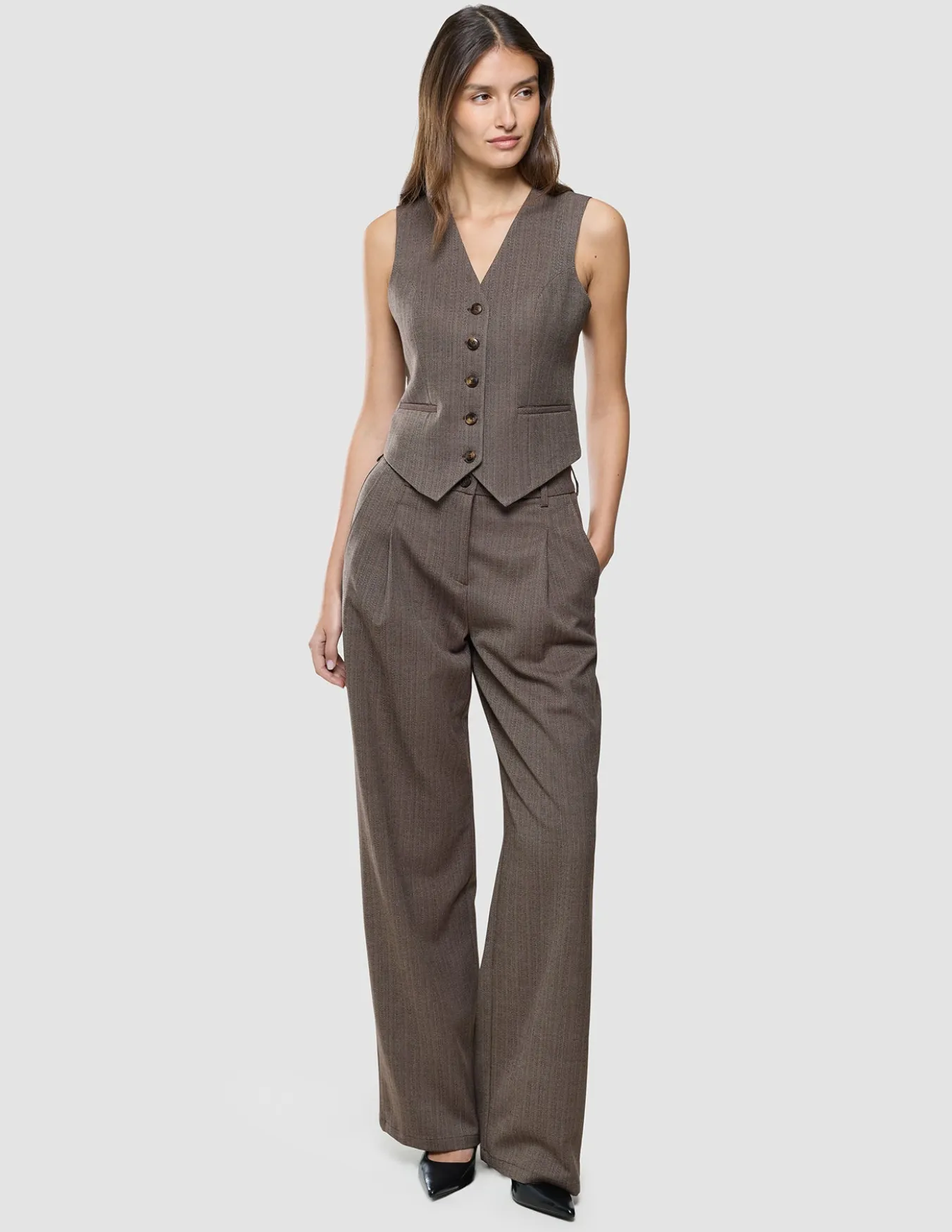 Women Serene Short Vest Brown Stone Herringbone