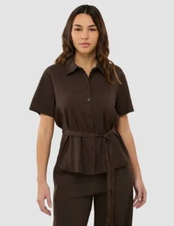 Women's Linen Shirt Short Sleeved Espresso