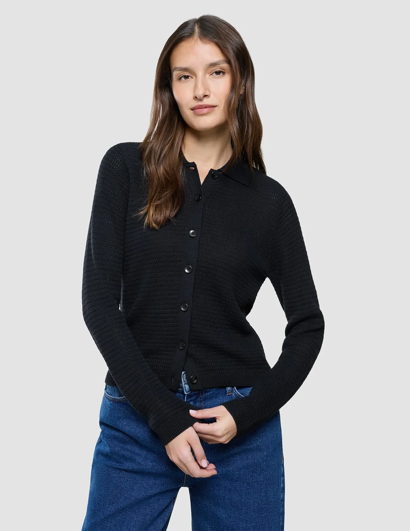Women Structured Polo Long Sleeve Black